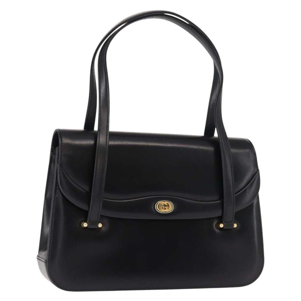 Gucci Hand Bag Leather Black Gold Auth #348681G54B